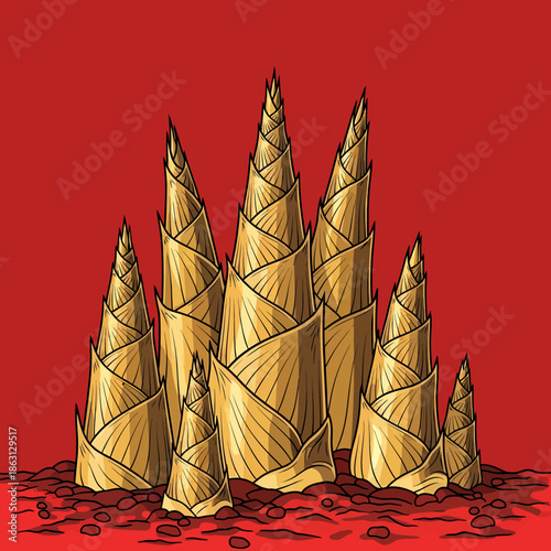 Illustration of golden wheat or corn cobs against a red background