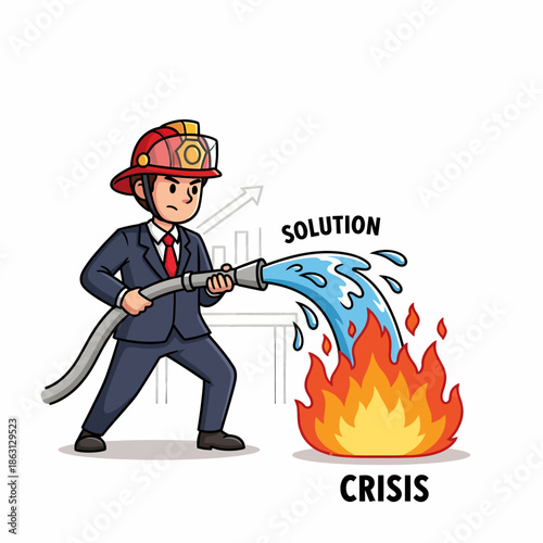 Firefighter in suit extinguishing flames with water hose, depicting crisis resolution