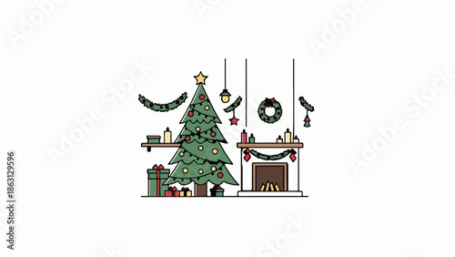 Festive holiday scene with a decorated Christmas tree, fireplace, presents, and cozy decor