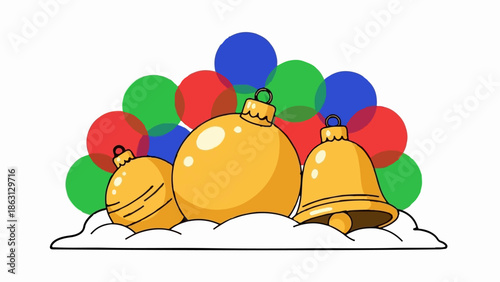 Festive gold ornaments and a bell sit on clouds amidst colorful circles