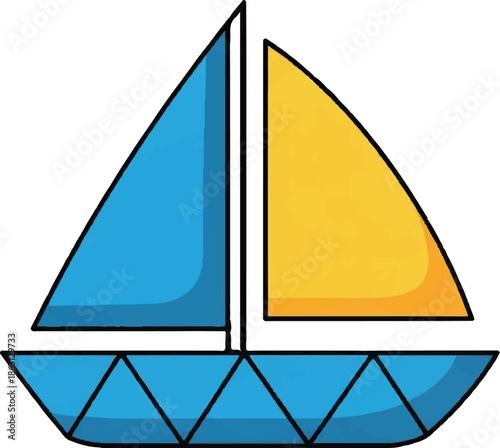 Simple cartoon sailboat illustration with blue and yellow sails and a patterned blue hull