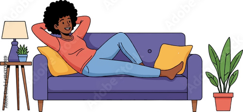 Relaxing person on sofa with plants and lamp