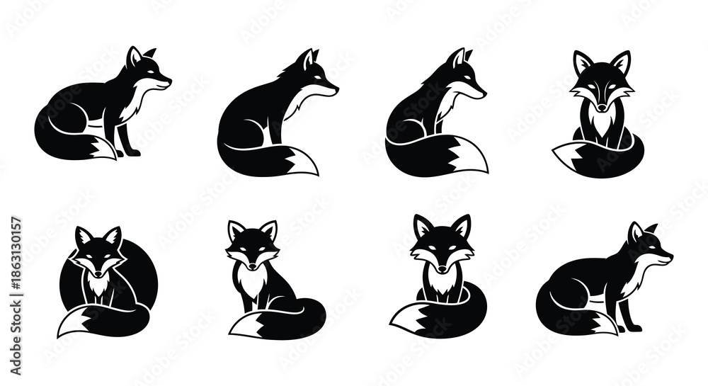 Fototapeta premium Variety of black and white fox head illustrations in different circular designs