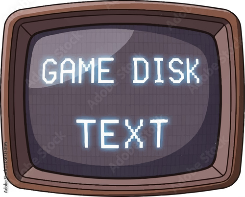 Retro screen displays "GAME DISK TEXT" in glowing blue pixelated font
