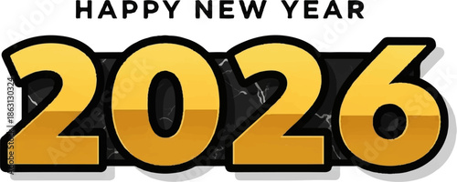 Golden numerals 2026 with "HAPPY NEW YEAR" text above, set against a dark marble background