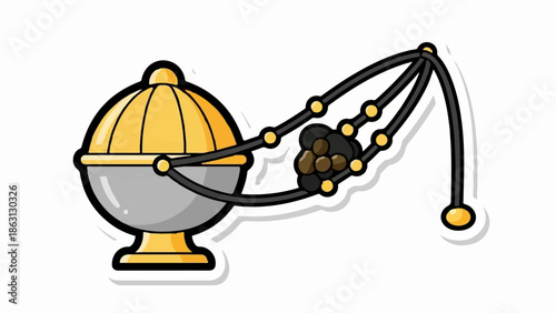Ornate censer with golden lid, grey basin, and hanging elements containing small dark objects