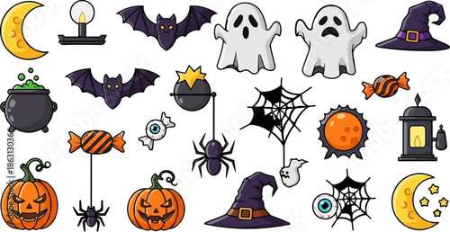 Spooky Halloween collection pumpkins, ghosts, bats, witches hats, candy, moon