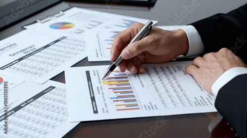 Business professional reviews financial reports and charts spread across a desk analyzing data for strategic planning and investment decisions in a modern office setting
