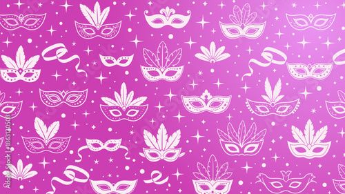 Seamless pattern with festive white carnival and masquerade masks, stars, and ribbons on a vibrant purple gradient background.