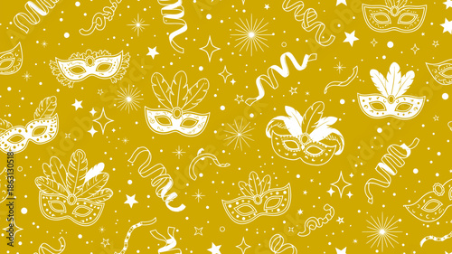 Elegant Gold Masquerade Masks Seamless Pattern. Festive carnival background with ornate masks, stars, and streamers.