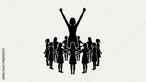 Empowered woman with raised arms surrounded by a circle of children, symbolizing leadership and support.