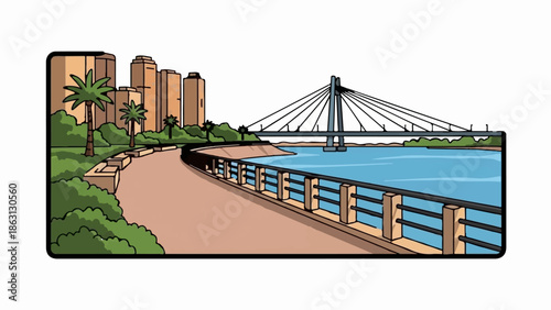 Riverside promenade with modern buildings and suspension bridge