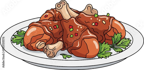 Roasted chicken drumsticks glistening in a savory sauce, garnished with herbs and spices