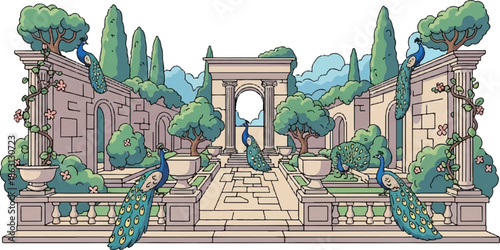 Ornate garden courtyard with peacocks perched on architectural elements