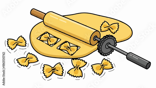 Rolling pin and pasta cutter shape bow-tie pasta from dough