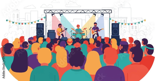 Lively outdoor concert with a band playing on stage before a diverse crowd