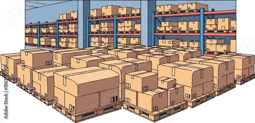 Rows of stacked cardboard boxes on pallets inside a warehouse