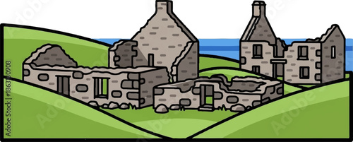 Ruined stone buildings stand on green hills beside the sea
