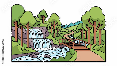 Lush green landscape with a cascading waterfall, a wooden bridge, and a winding path