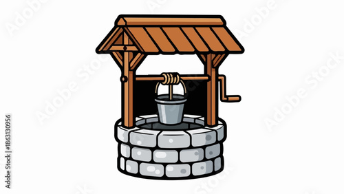 Rustic stone well with wooden roof, bucket, and crank