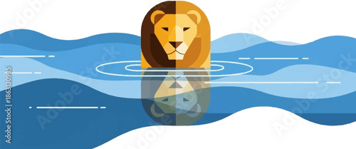 Geometric lion face reflected in calm blue water ripples