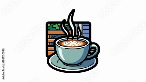 Steaming latte art in a cup sits on a saucer, against a background of greenery and blinds