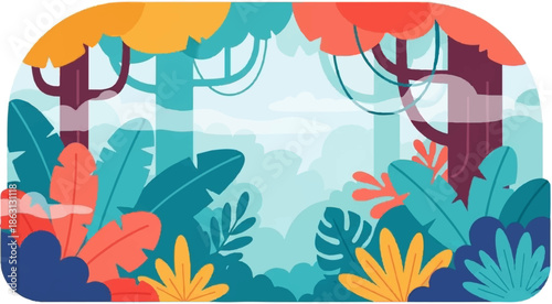 Lush, stylized jungle scene with vibrant foliage and hanging vines