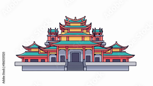 Ornate traditional building with tiered, curved roofs and multiple towers