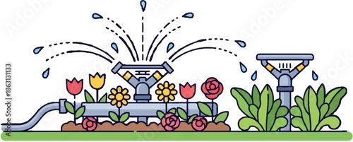 Garden sprinklers water colorful flowers and lush green plants on a grassy area