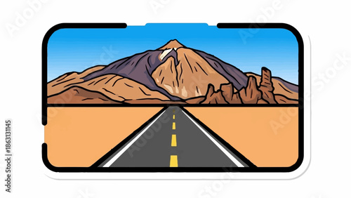 Straight desert road leading to a majestic mountain, with rock formations