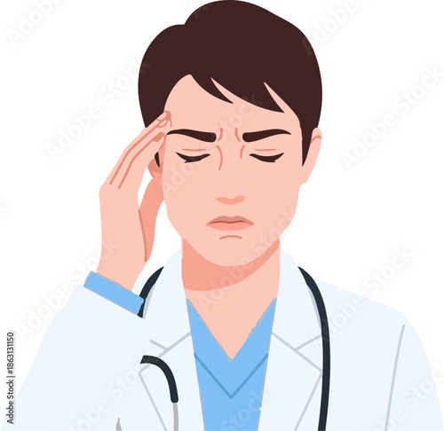 Stressed doctor with closed eyes, hand on temple