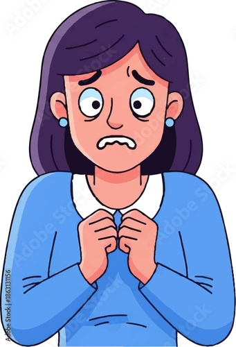 Scared woman with wide eyes and clasped hands, wearing blue