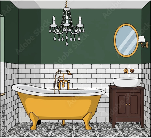 Luxurious bathroom with golden tub, ornate chandelier, and vintage sink
