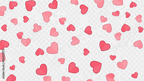 Scattered pink and red heart shapes in various sizes creating a lovely, romantic pattern on a transparent background