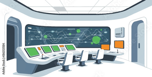 Futuristic control room with monitors, consoles, and chairs