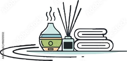 Illustration of an aroma diffuser, reed diffuser, and folded towels, promoting relaxation and wellness