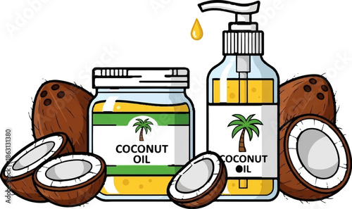 Illustration of coconut oil in jars and bottles surrounded by coconuts