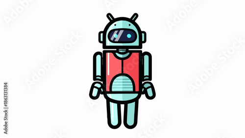 Friendly cartoon robot with blue body and red vest