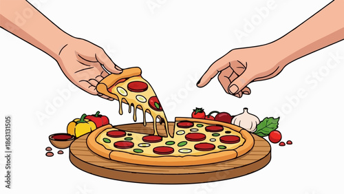 Hands reaching for a cheesy, saucy pizza with pepperoni and vegetables