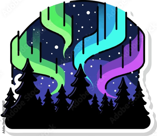 Stylized aurora borealis shimmers above silhouetted pine forest under starry night sky