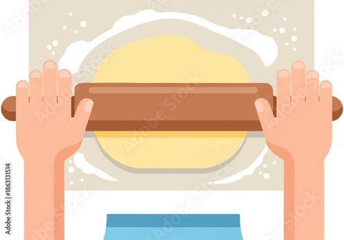 Hands rolling dough with a wooden roller on a surface with flour