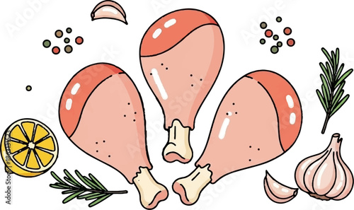 Fresh chicken drumsticks with lemon, garlic, peppercorns, and rosemary sprigs