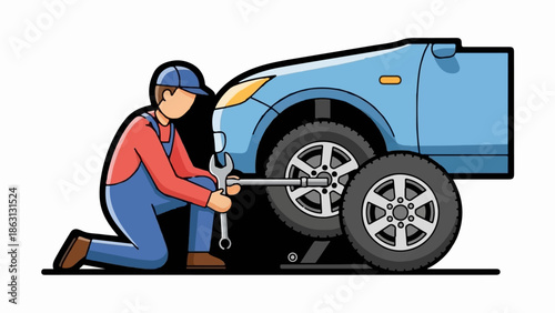 Mechanic kneels, using wrench to adjust wheel on elevated car