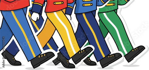Marching figures in colorful uniforms and black shoes against a white background
