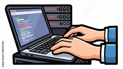 Illustration of hands typing code on a laptop, connected to server racks, symbolizing programming and data