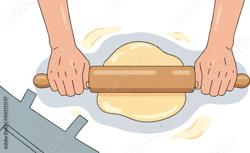 Hands rolling out dough with a wooden rolling pin, preparing for baking