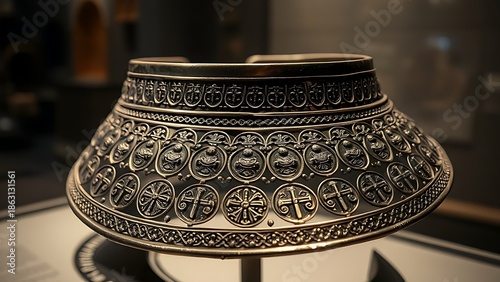 accuser. Polished steel gorget with etched patterns displayed in a museum showcase. event programs, museum guides, designed for cultural heritage projects and event programs.