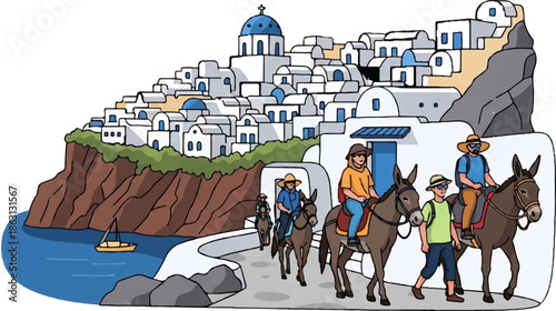 People riding donkeys in a village with white buildings and blue domes on a cliff