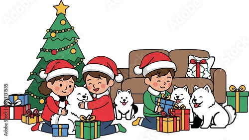 Illustration of kids in Santa hats with fluffy dogs, surrounded by Christmas gifts and a tree