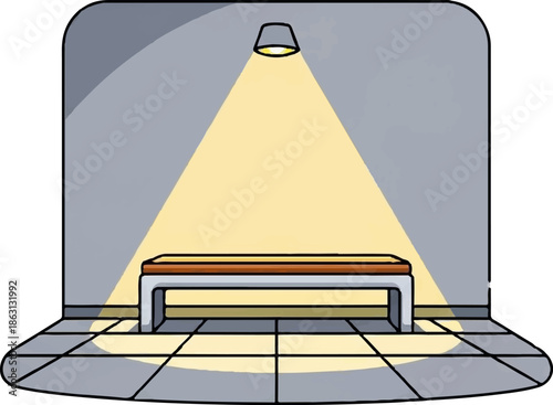 Minimalist interior with spotlight illuminating a wooden bench on tiled floor